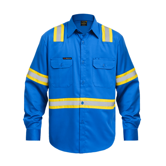 Cobalt blue safety work shirt with long sleeves, yellow and reflective silver stripes, and chest pockets