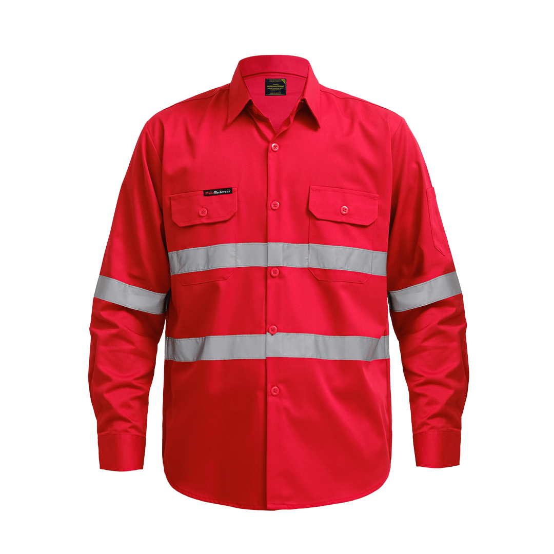 Red long-sleeve work shirt with reflective silver stripes and buttoned chest pockets