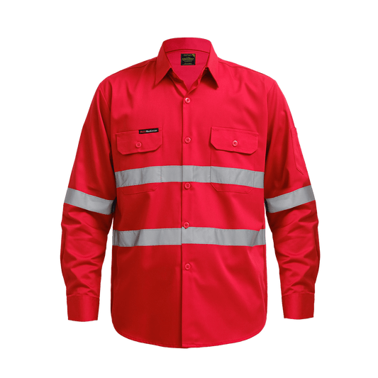 Red long-sleeve work shirt with reflective silver stripes and buttoned chest pockets
