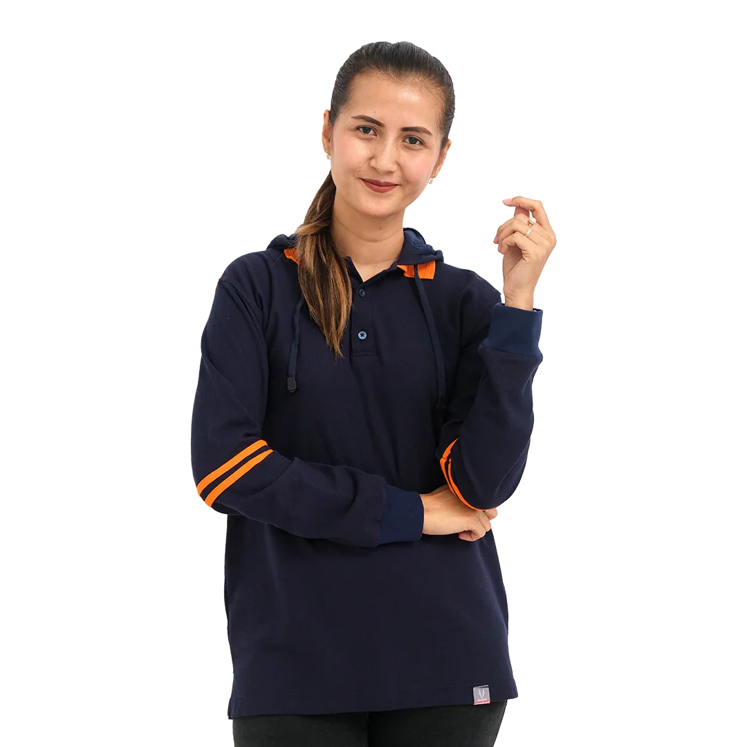 Woman wearing navy blue hoodie with orange stripes on sleeves and hood lining