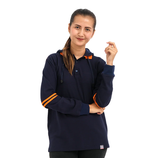 Woman wearing navy blue hoodie with orange stripes on sleeves and hood lining
