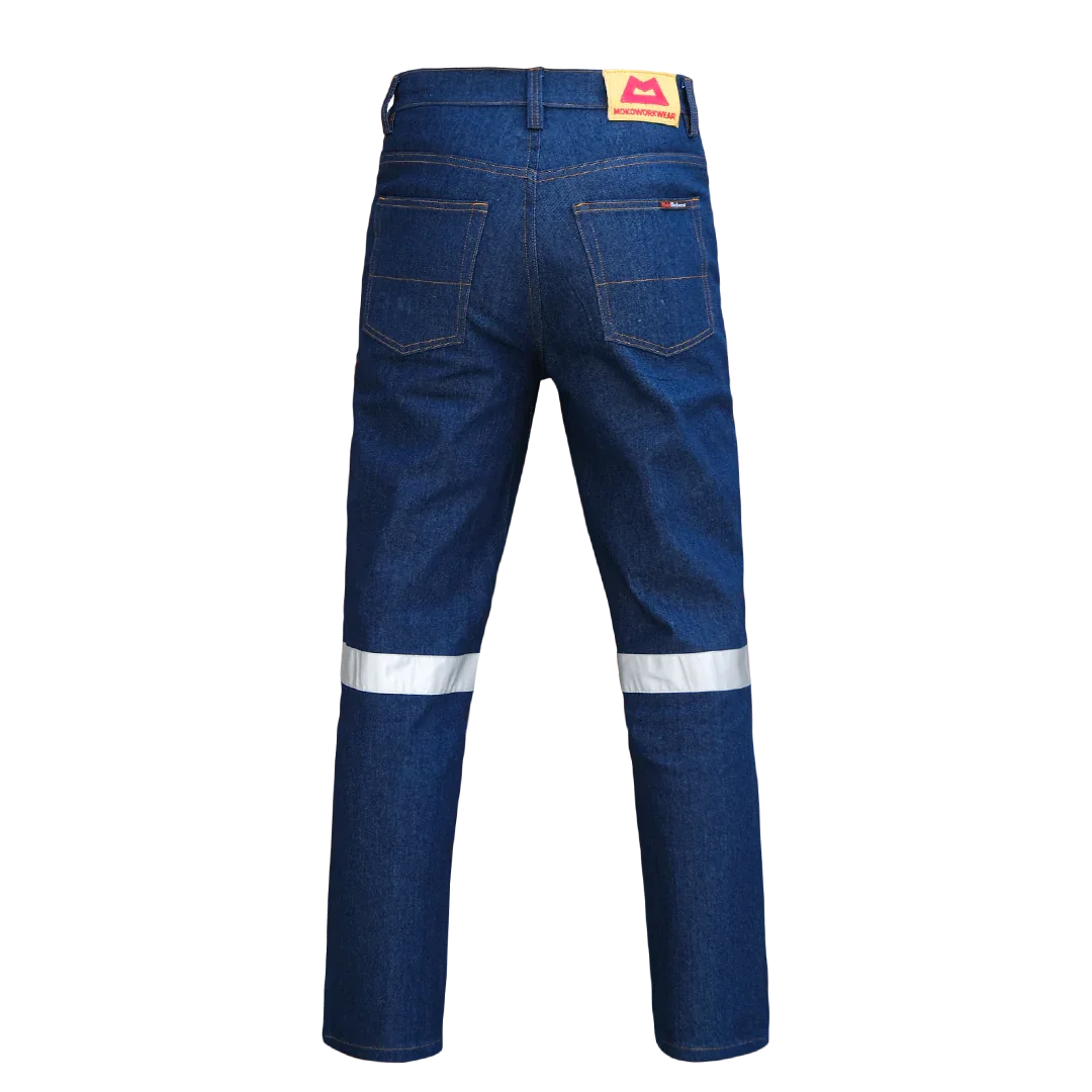 Back view of blue denim work jeans with reflective band on legs and two back pockets