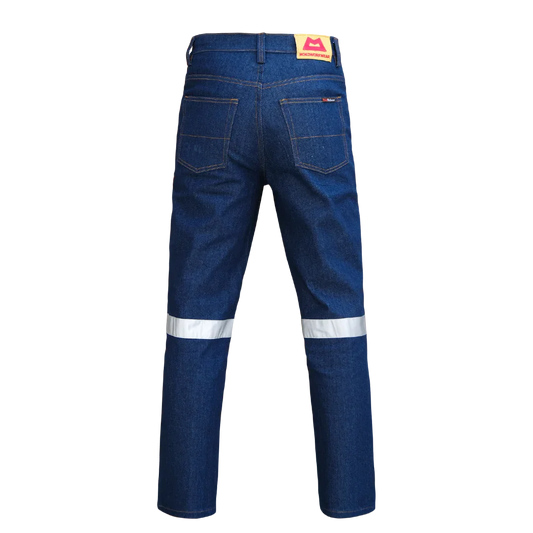 Back view of blue denim work jeans with reflective band on legs and two back pockets