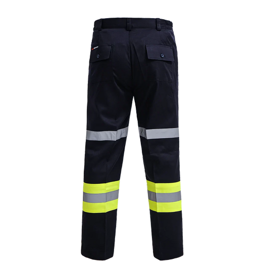 Back view of black work pants with reflective grey and yellow high-visibility bands and buttoned pockets
