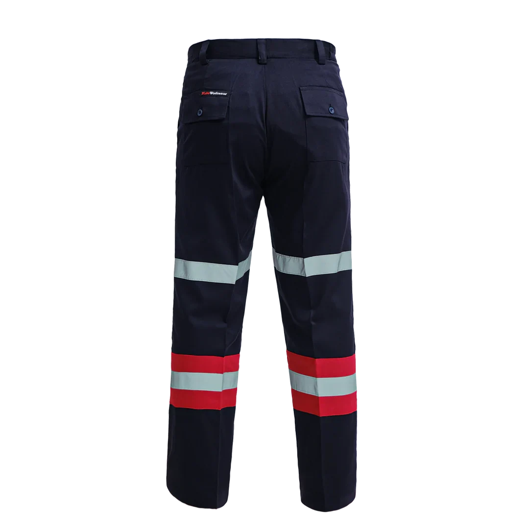 Rear view of navy blue work pants with red and reflective safety stripes and back pockets