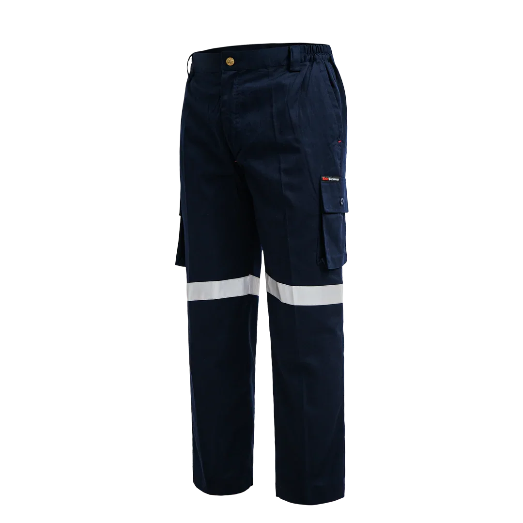 Navy blue work pants with reflective white stripes and cargo pockets on white background