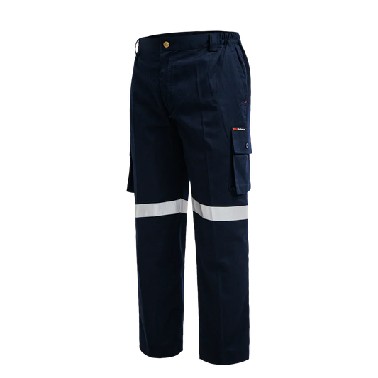 Navy blue work pants with reflective white stripes and cargo pockets on white background