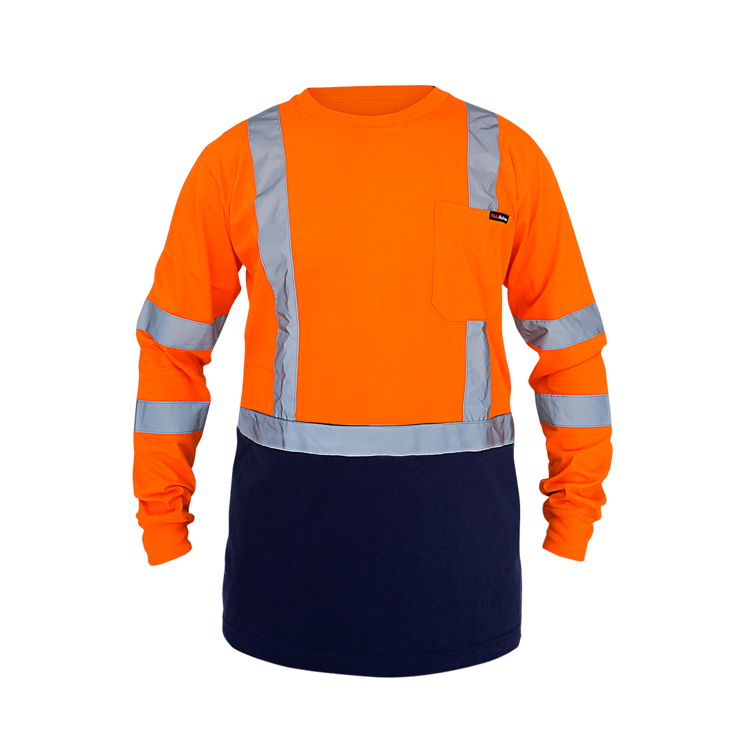 High visibility long sleeve work shirt in orange and navy with reflective tape, chest pocket