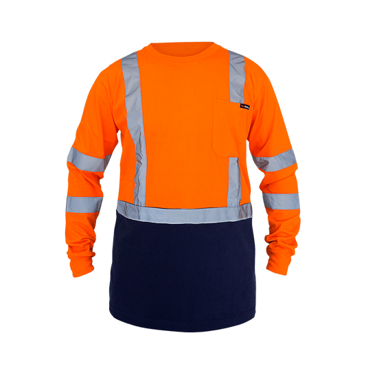 High visibility long sleeve work shirt in orange and navy with reflective tape, chest pocket
