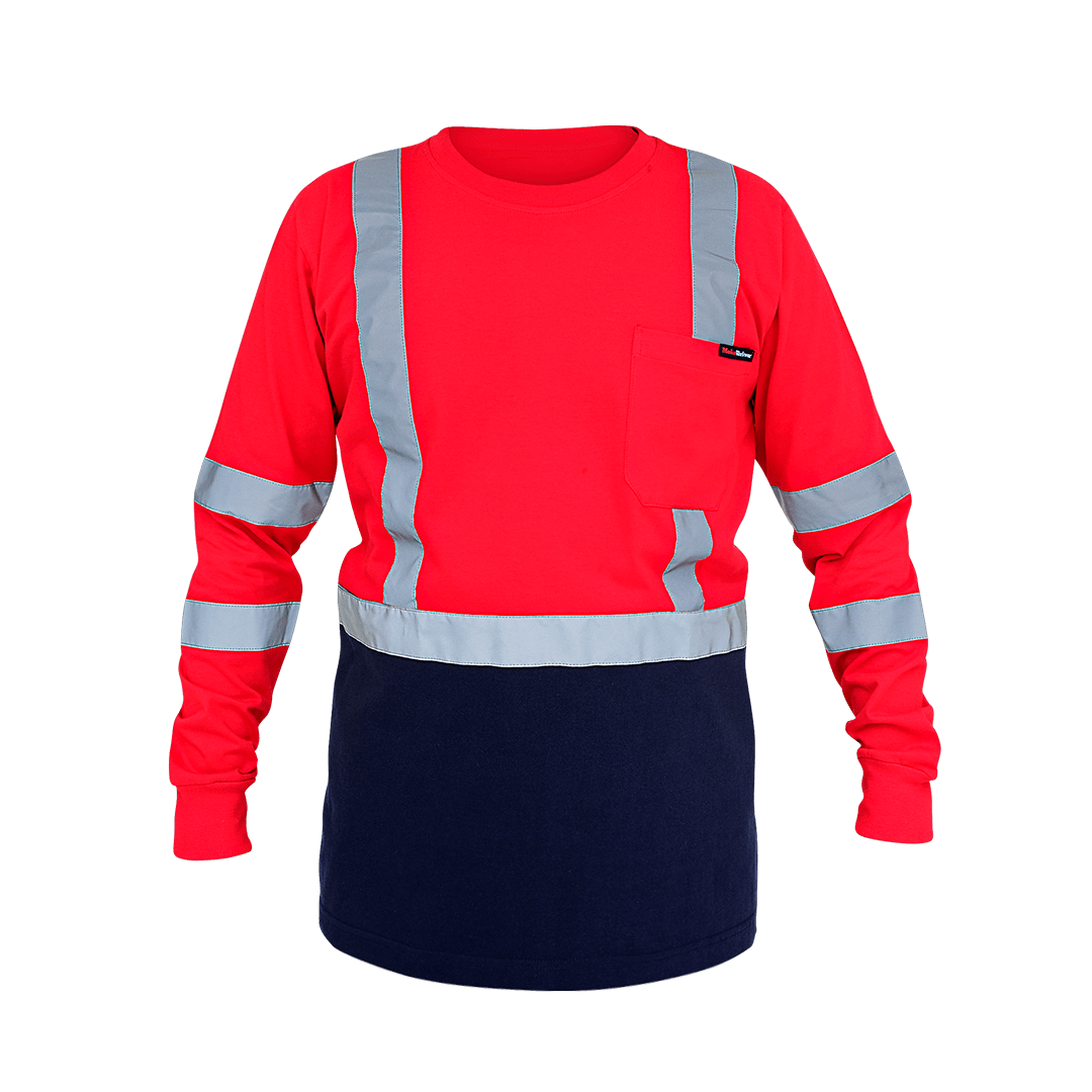 High-visibility long sleeve work shirt with red upper and navy lower half, reflective stripes