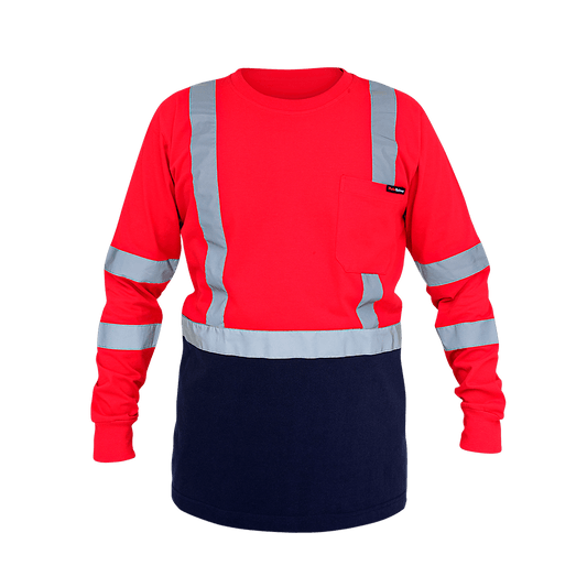 High-visibility long sleeve work shirt with red upper and navy lower half, reflective stripes