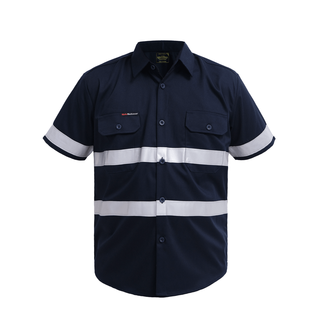 Navy blue short-sleeve work shirt with reflective white stripes and buttoned chest pockets