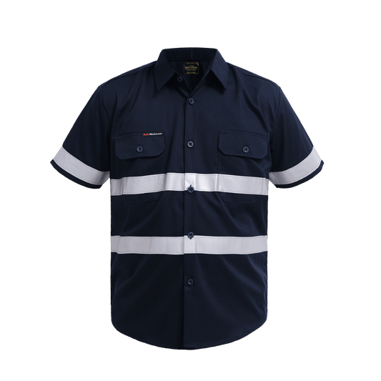 Navy blue short-sleeve work shirt with reflective white stripes and buttoned chest pockets