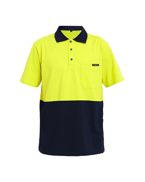Yellow and black color block polo shirt with short sleeves and front pocket