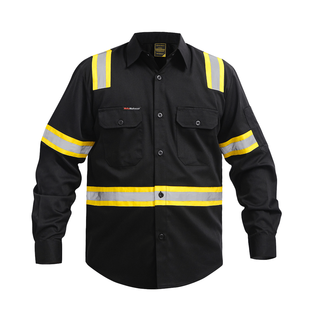Black work shirt with yellow and reflective safety stripes and button pockets