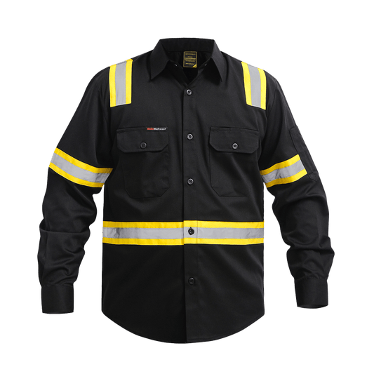 Black work shirt with yellow and reflective safety stripes and button pockets