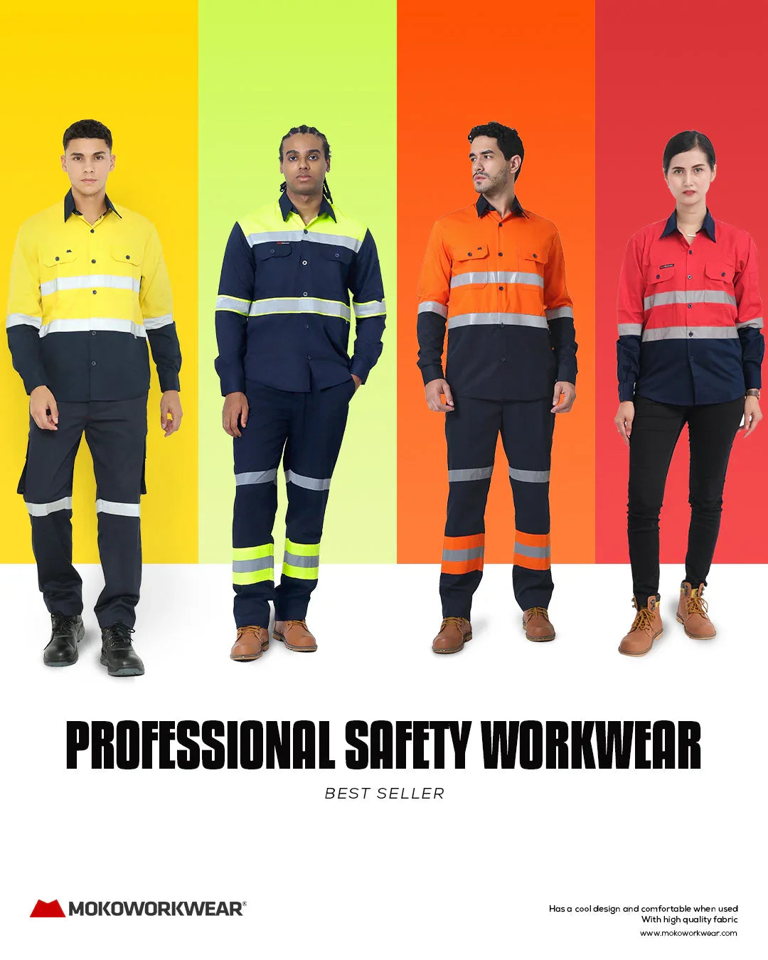 Four models wearing colorful professional safety workwear with reflective stripes, standing against yellow, green, orange, and red backgrounds
