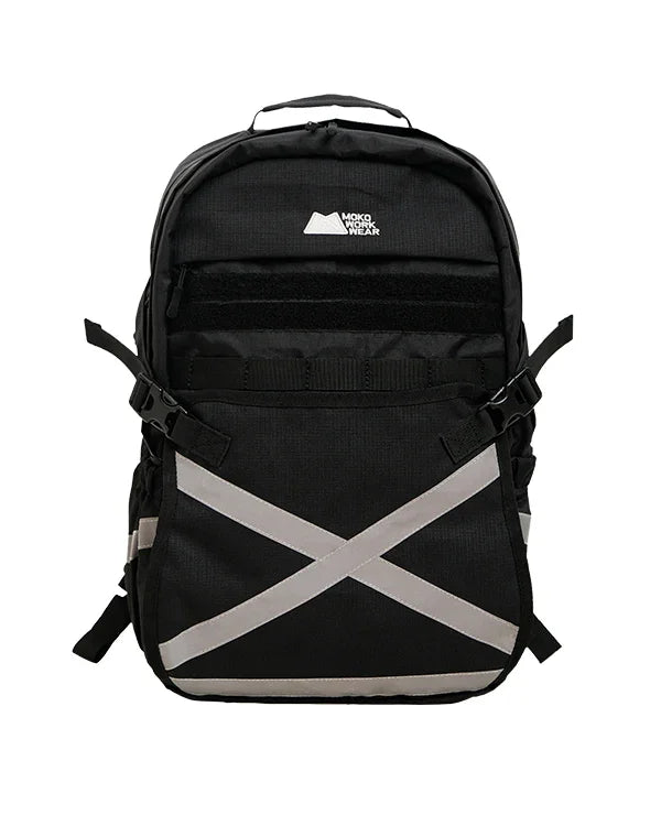 Black Moko Workwear backpack with gray reflective X design and multiple straps