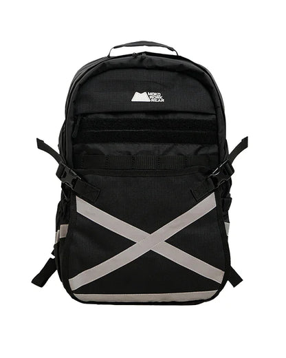 Black Moko Workwear backpack with gray reflective X design and multiple straps